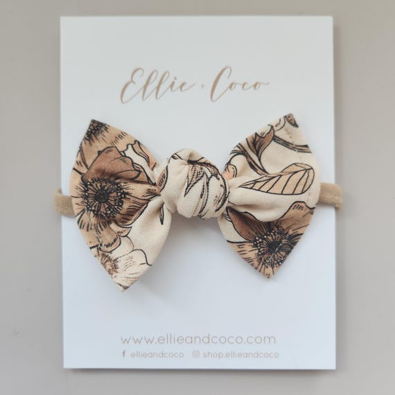 Boho Neutral Baby Bow, Floral Infant Headband, Knotted, Baby Girl Gift, Handmade, Flower Girl Hairclip, Nylon Knot Bow Hairband