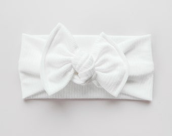 Newborn Bow Headband - White Ribbed Modal