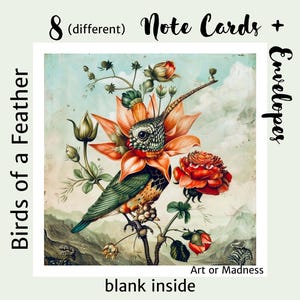 Birds of a Feather: 8 vierkante kwaliteitskaarten, elk met een andere kleurrijke vogel op een mooie bloem, inclusief enveloppen, blanco binnenkant