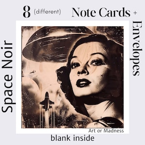Space Noir - 8 cartões de nota de qualidade + envelopes, cada um mostrando uma beleza diferente em um tom noir monótono, contra um fundo espacial