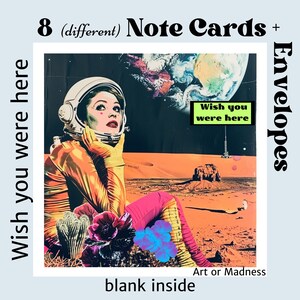 Wish You Were Here - 8 hochwertige Grußkarten + Umschläge, mit einem anderen, wunderschönen Astronauten in brillanten Pop-Art-Farben auf einem fernen Planeten
