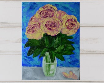 Original Painting Roses Abstract Flowers In Vase Oil Still Life Wall Art Impasto size 16 x 12 inches