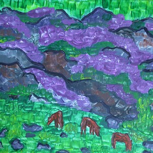 Russian Landscape Altai Territory Original Painting Acrylic Hills Stones Horses Nature size 8 x 9 inches