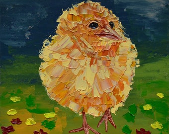 Original Oil Painting Chicken  Easter Decor Chick Painting Bird  Wall Art Painting in the Nursery Size 8 x 8 inches