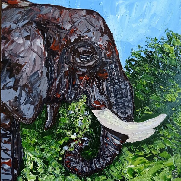 Peinture à l'huile d'éléphant oeuvre originale décoration murale peinture animale à l'intérieur par 12 x 10"