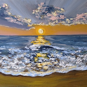 Original Ölgemälde Meereslandschaft Wellen Meer Nacht Mond Kunst Größe 30 x 40 cm
