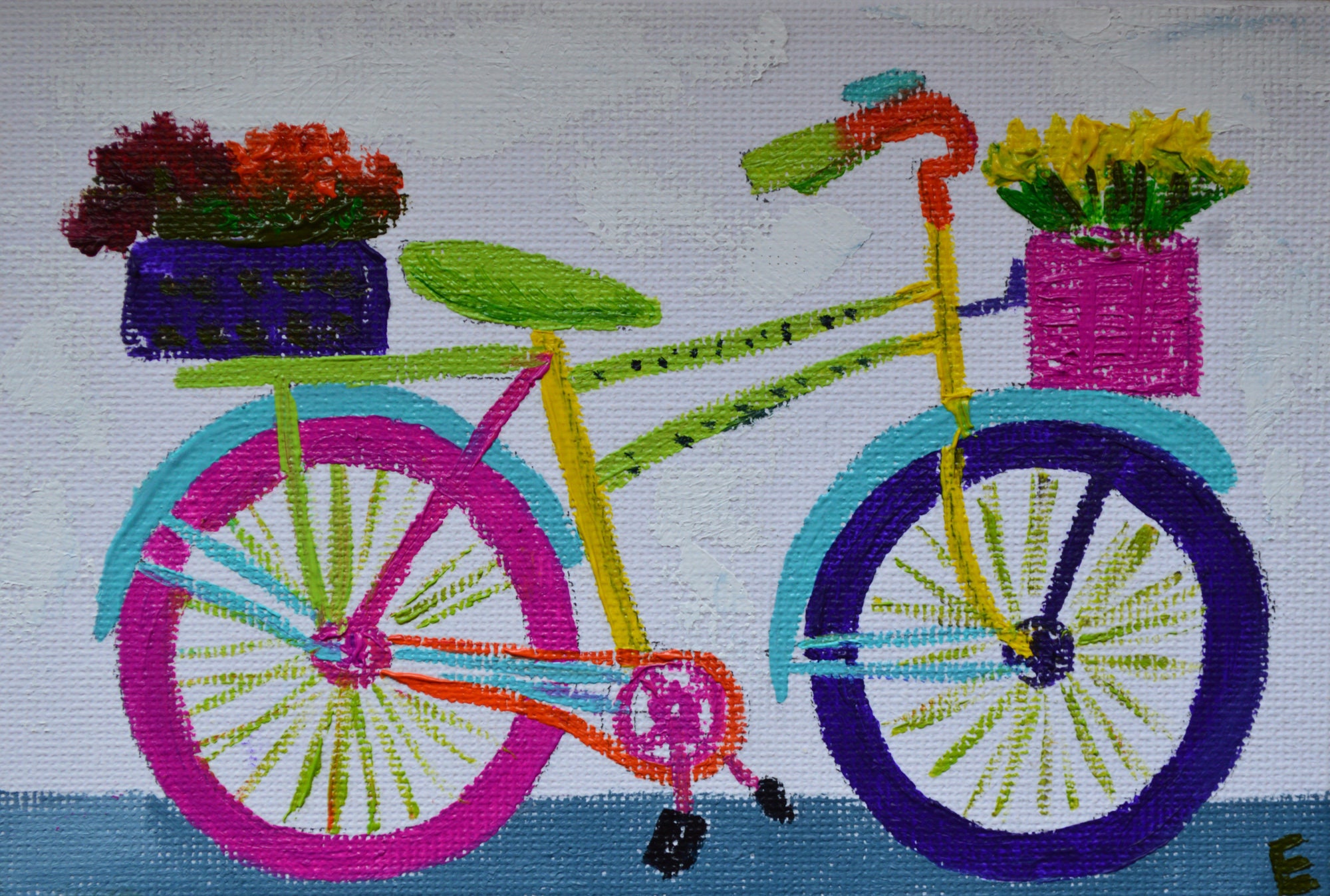 Original Gemälde Fahrrad Kleines Ölgemälde Blumen in