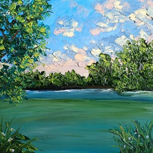 Original Painting Sunset Forest Landscape Oil Trees River Art Impasto 10 x 12&quot;
