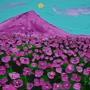Painting Foggy Morning Original Art Oil Painting Landscape Purple Flowers Volcano Wall Decor size 6 x 8 inches