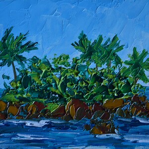 Isla Árboles Marinos Palmeras Pintura al óleo Obra de arte original Decoración de pared Pintura de paisaje marino en cartón de 5 x 7" por Elena Grigorenk