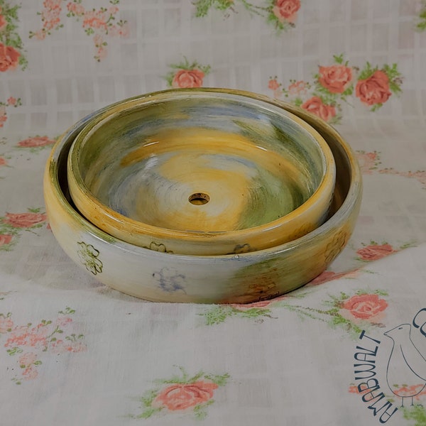 Low Ceramic Planter Yellow and Flowers