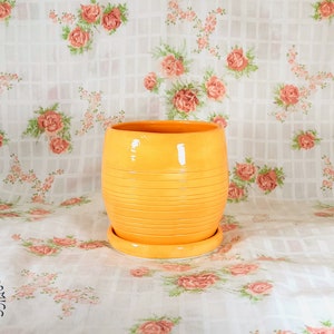 May include: A bright orange ceramic planter with a ribbed design and a matching saucer. The planter is sitting on a white background with a floral pattern.
