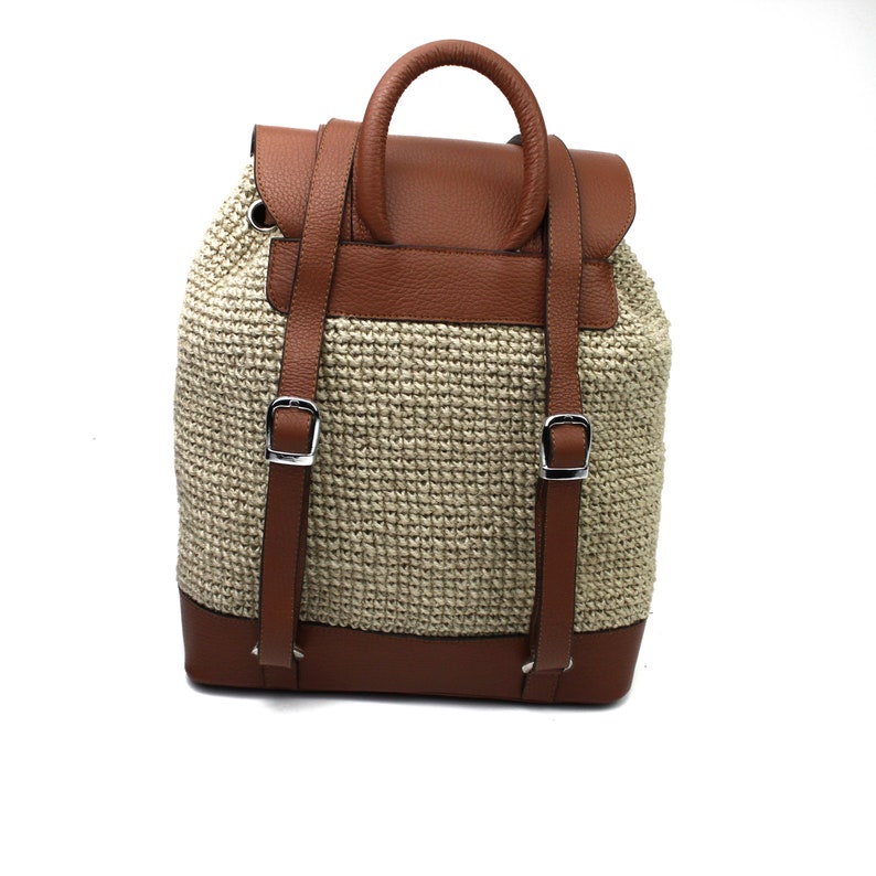 Leather Backpack Whiskey Jute Linen Macrame Women Girl Leather Rucksack Durable Smooth Shoulder bag Genuine Leather Backpack Purse