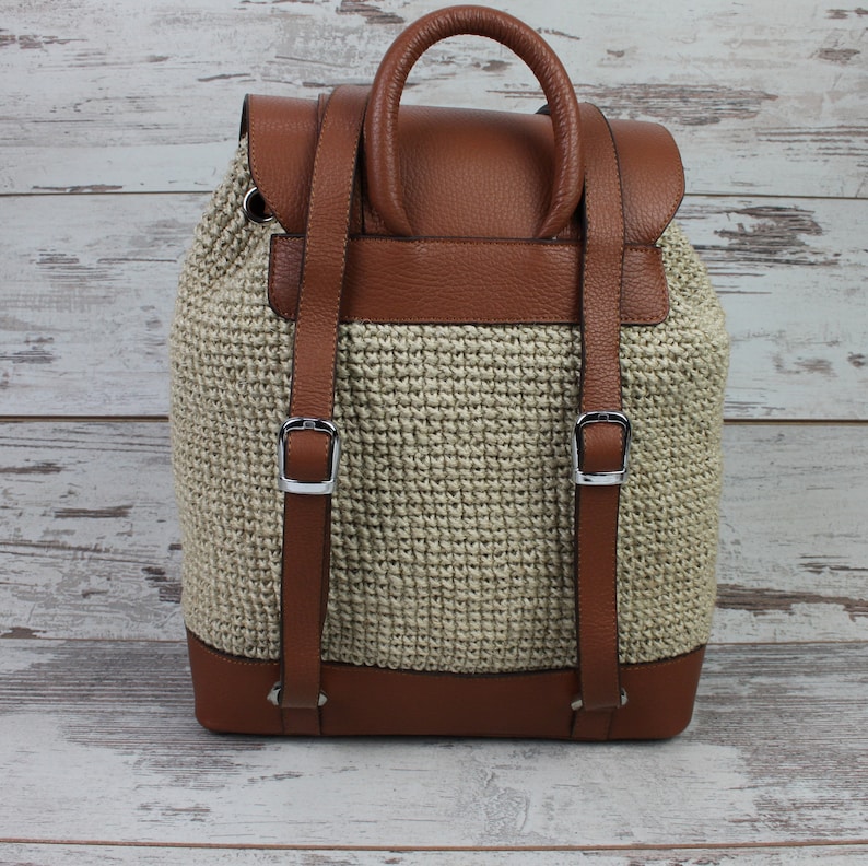 Leather Backpack Whiskey Jute Linen Macrame Women Girl Leather Rucksack Durable Smooth Shoulder bag Genuine Leather Backpack Purse