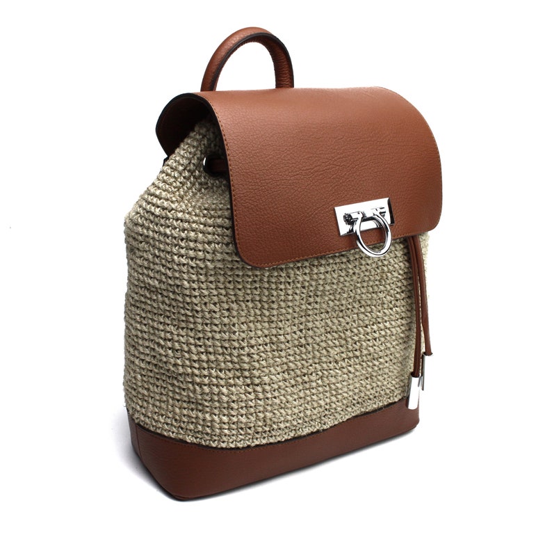 Leather Backpack Whiskey Jute Linen Macrame Women Girl Leather Rucksack Durable Smooth Shoulder bag Genuine Leather Backpack Purse
