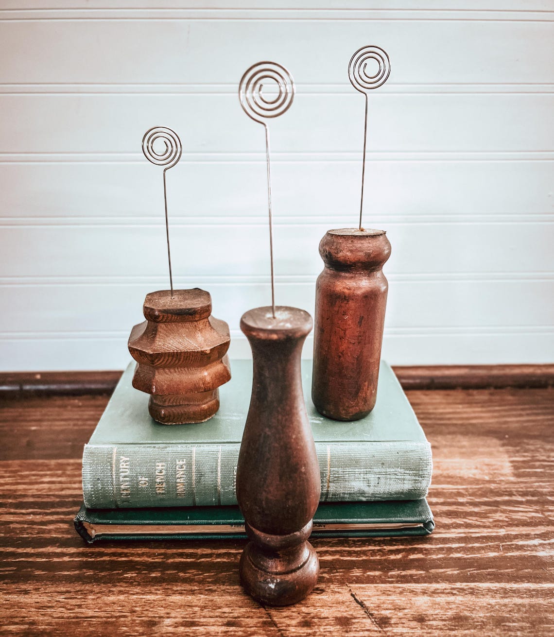 Set of Three Spindle Memo & Picture Holders, Salvaged Wood Spindle Base ...