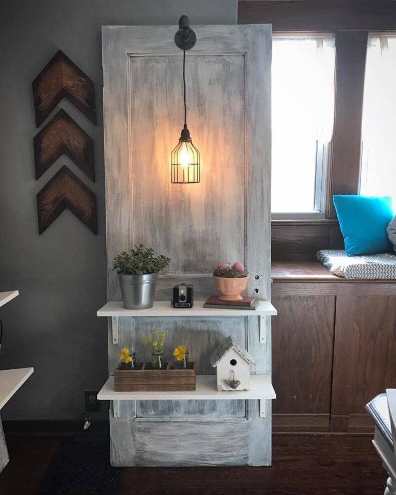 Reclaimed Vintage Door with Shelves & Pendant Light // Night Etsy