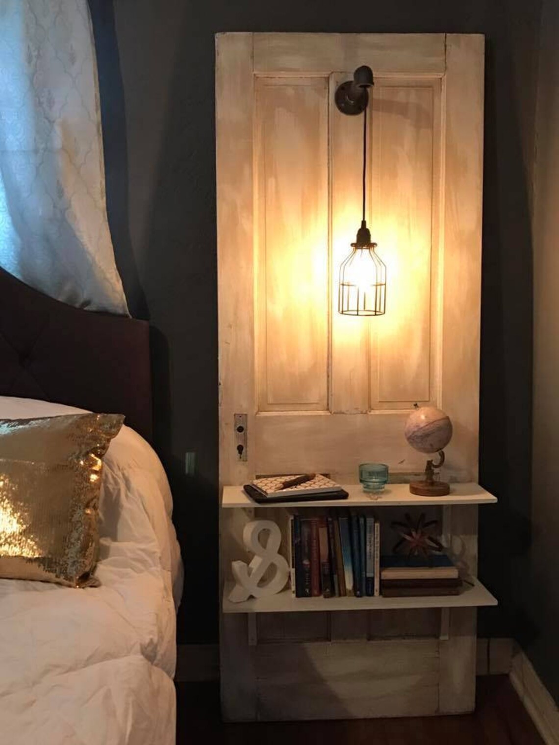 Reclaimed Vintage Door with Shelves & Pendant Light // Night Etsy