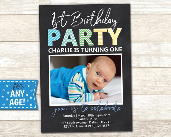 1st Birthday Party Invitation Chalkboard Invitation First Birthday invite 1st Birthday Party Photo Birthday Invitation 2nd Birthday Invite Il_570xn