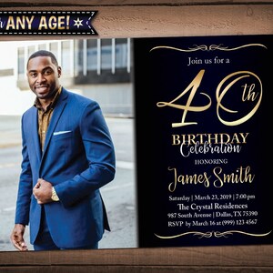 Adult Birthday Invitation 40th Birthday Party 50th Birthday invitation Elegant Birthday Invitation Black Blue & Gold For Any Age