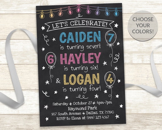 Sibling Triple Birthday Invitation - Triple Birthday Party Invite - Joint Birthday Party Invite - Four Birthdays Party Invitation Il_570xn
