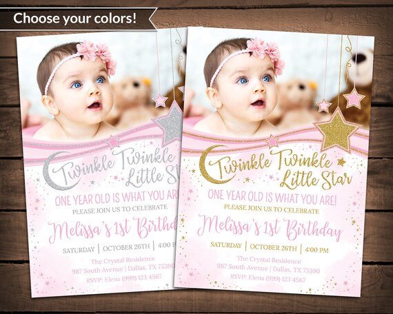 Twinkle Twinkle Little Star First Birthday Invitatiion Girl 1st Birthday Invitation Pink and Gold Invite Pink and Gold Stars Invitation Il_570xn