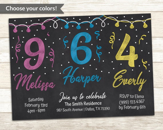 Sibling Triple Birthday Invitation - Triple Birthday Party Invite - Joint Birthday Party Invite - Combined Party Invitation Il_570xn