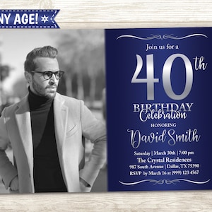 Adult Birthday Invitation 40th Birthday Party 50th Birthday invitation Elegant Birthday Invitation Blue Silver & White For Any Age