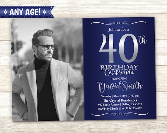 Adult Birthday Invitation 40th Birthday Party 50th Birthday invitation Elegant Birthday Invitation Blue Silver & White For Any Age Il_570xn