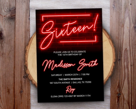 Sixteen Birthday Invitation Neon Birthday Invitation Red Neon Light Invitation Glow Party Invite Modern Invitation Il_570xn