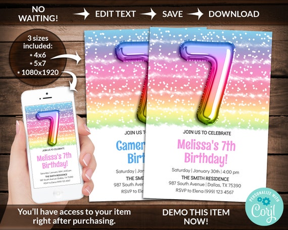 7th Birthday Invitation Rainbow Balloon Party Invitation 4x6, 5x7 & Mobile Phone Invitation INSTANT DOWNLOAD Corjl Editable digital file Il_570xn