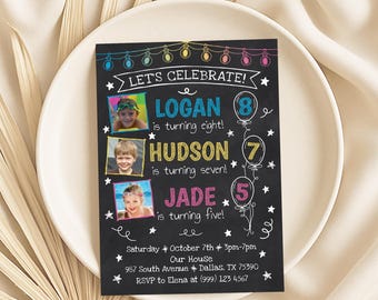 Triple Birthday Chalkboard Invitation: Joint Sibling Party (Digital Download)