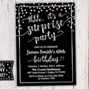 Surprise Birthday Invitation: Silver & Black, Any Age (Digital Download)