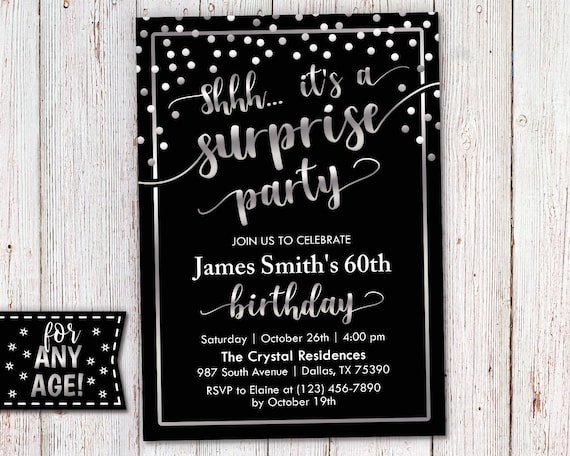 Surprise Birthday Invitation Shhh it's a Surprise Birthday Party Any Age Surprise Birthday Invitation Silver and Black Invitation Il_570xn