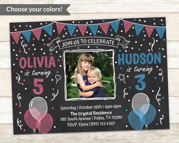 Sibling Birthday Invitation - Double Birthday Party Invitation - Joint Birthday Party Invite - Chalkboard Invite - Boy and Girl Invite Il_570xn