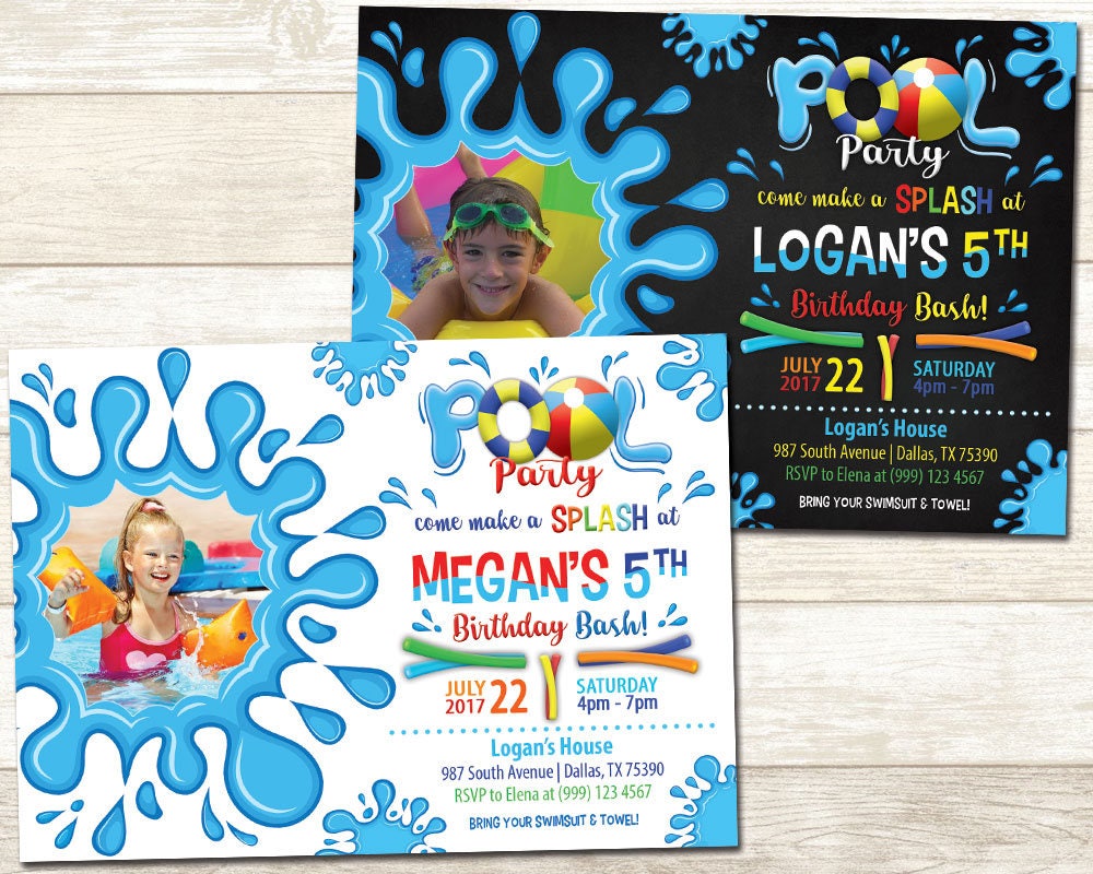 Photo Party Invitations Pool Party Photo Birthday Invitation: Chalkboard Style (digital ...