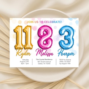 Faire-part pour un triple anniversaire de fratrie - Invitation à une fête d'anniversaire pour trois ans - Invitation à une fête d'anniversaire commune - Invitation à une fête combinée