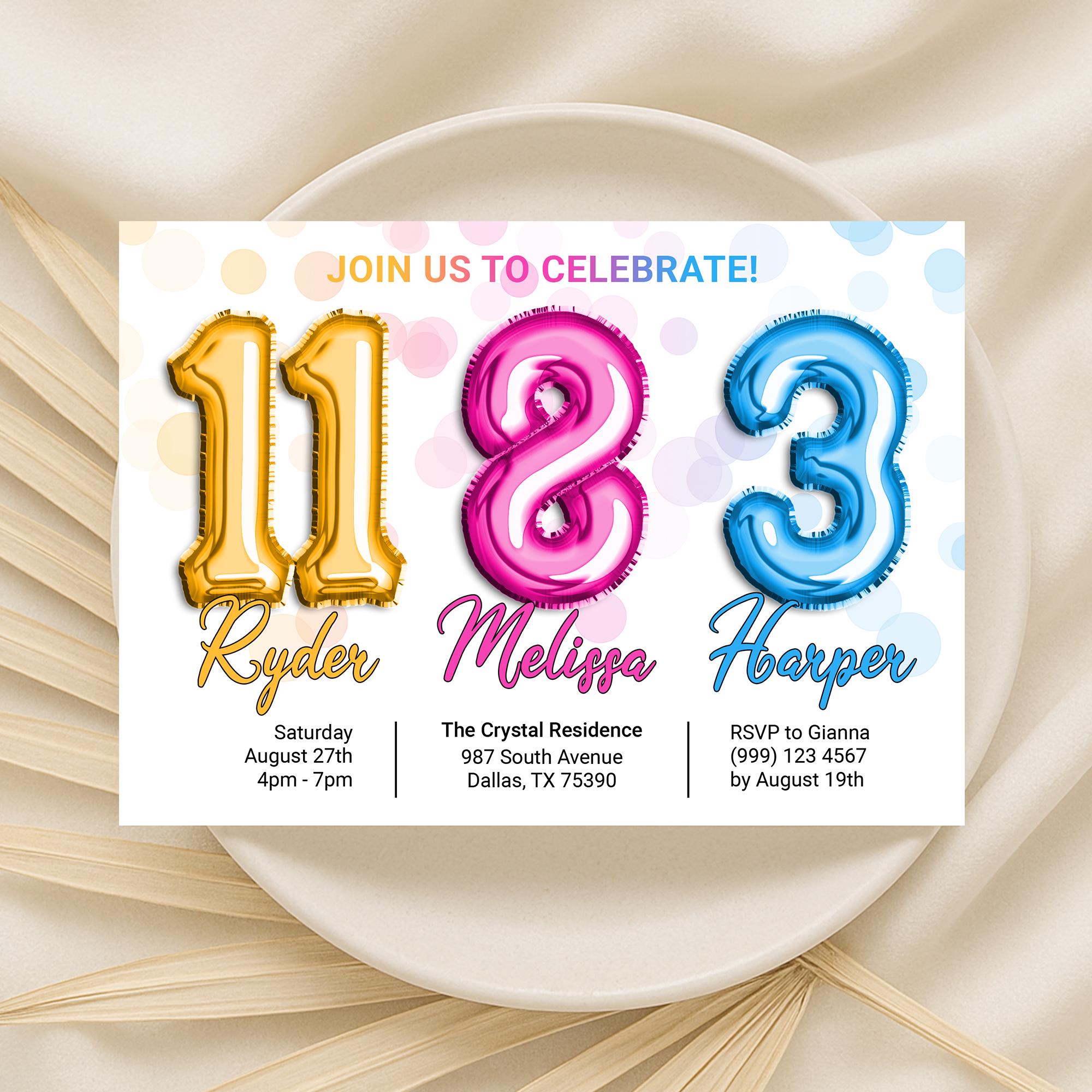 Triple Birthday Party Invitation: Sibling Celebration (Digital Download)