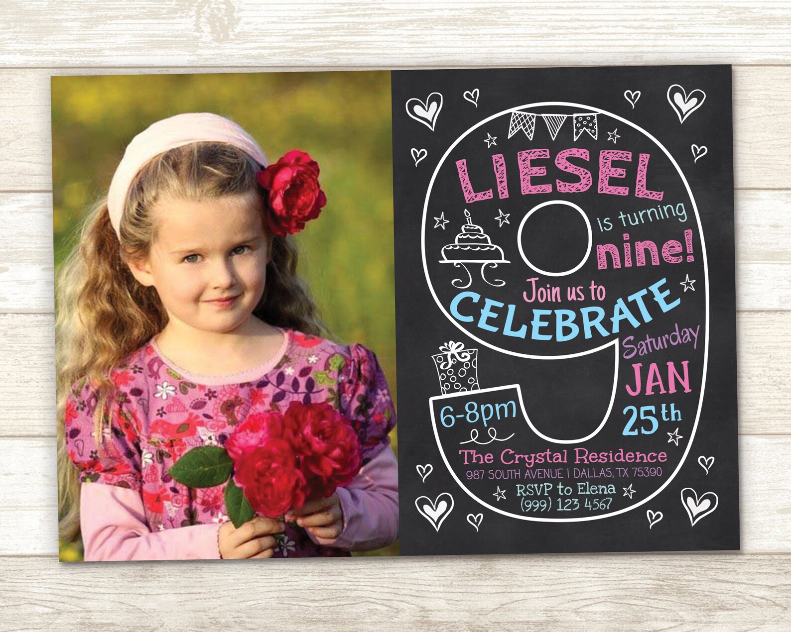 9th Birthday Invitation Chalkboard Invitation Ninth Party Etsy
