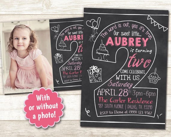 2nd Birthday Invitation - Chalkboard Invitation - Second Party Invitation - Printable Birthday invite - 2nd Birthday Chalkboard invitation Il_570xn
