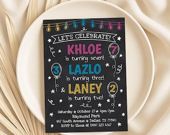 Triple Birthday Party Invitation: Sibling Joint Celebration (Digital Download)