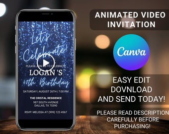 Editable Let's Celebrate Birthday Invite Digital Video Invitation Electronic Party Invite Blue Neon Glitter Invite for Any Age