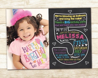 5th Birthday Party Invitation - Chalkboard Invitation - Fifth Party Invitation - 5th Birthday invite - 5th Birthday Chalkboard invitation