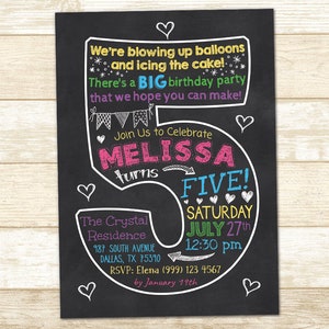 5th Birthday Party Invitation - Chalkboard Invitation - Fifth Party Invitation - 5th Birthday invite - 5th Birthday Chalkboard invitation