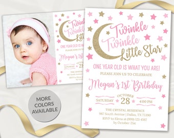 Twinkle Twinkle Little Star First Birthday Invitatiion Girl 1st Birthday Invitation Pink and Gold Invite Pink and Gold Stars Invitation