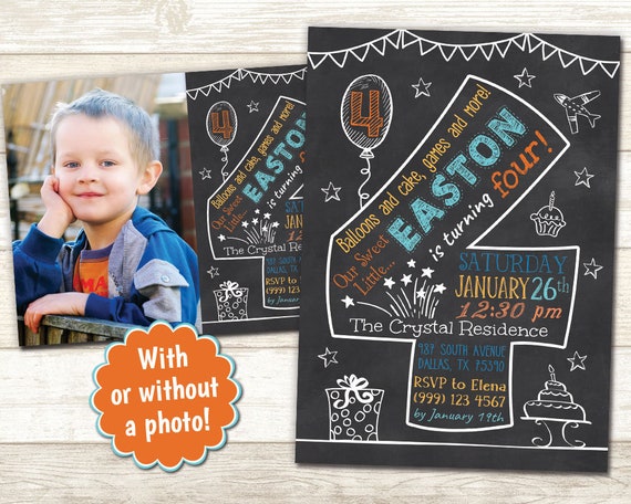 4th Birthday Invitation - Chalkboard Invitation - Fourth Party Invitation - Printable Birthday invite - 4th Birthday Chalkboard invitation Il_570xn