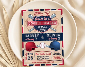 Baseball Birthday Party Invitation: Sibling Double Header (Digital Download)