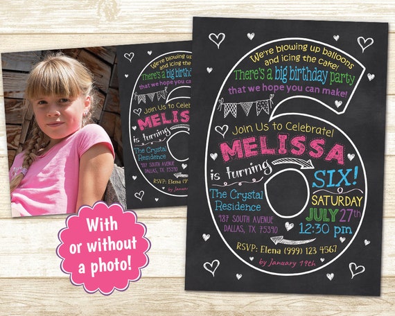 6th Birthday Party Invitation - Chalkboard Invitation - Sixth Party Invitation - 6th Birthday invite - 6th Birthday Chalkboard invitation Il_570xn