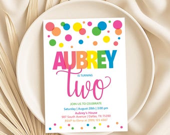 Invitación de cumpleaños con lunares arcoíris (descarga digital)