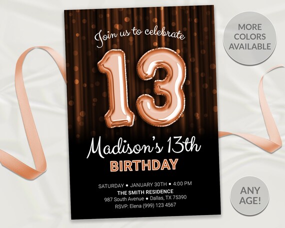13th Birthday Invitation 13th Balloons Birthday Invite Thirteenth Birthday Invitation Elegant Birthday Invitation Gold Foil Balloons Il_570xn